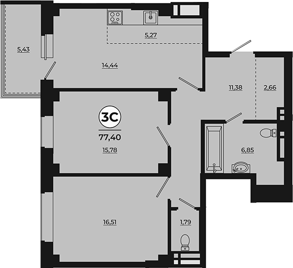 Планировка 3-комнатная 77,02 м²