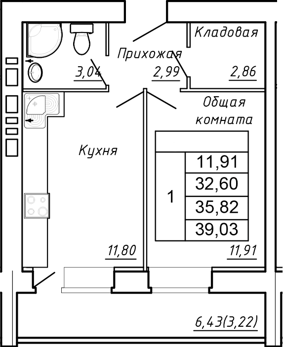 Планировка 1-комнатная 39,03 м²