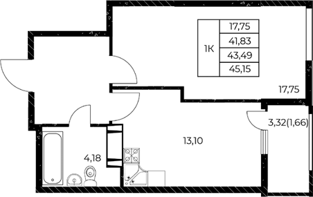Планировка 1-комнатная 45,15 м²