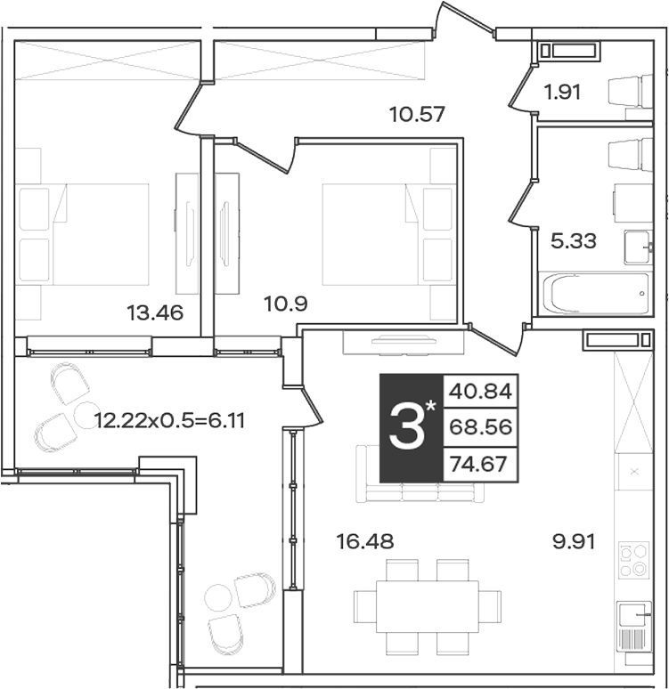 Планировка 3-комнатная 74,67 м²