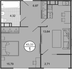 Планировка 1-комнатная 43,33 м²