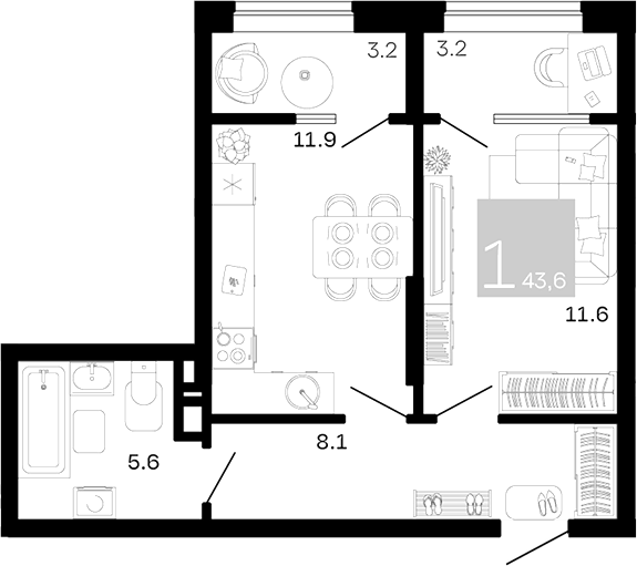 Планировка 1-комнатная 43,6 м²