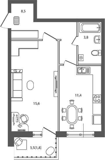 Планировка: 1-комн. квартира 41,4 м²