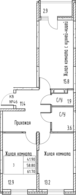 Планировка 3-комнатная 61,9 м²