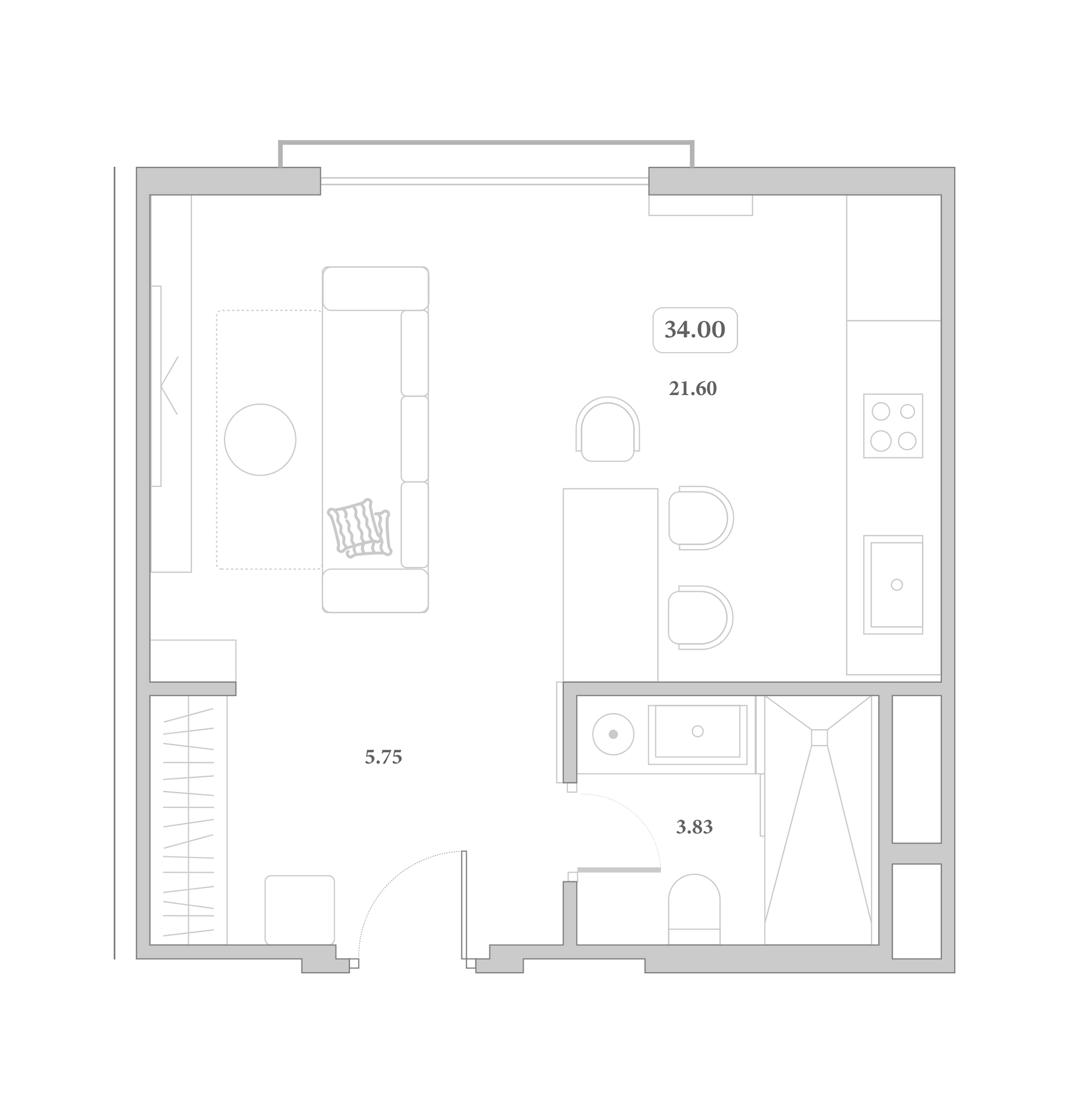 Планировка Студия 34 м²