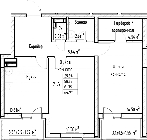 Планировка 2-комнатная 64,97 м²