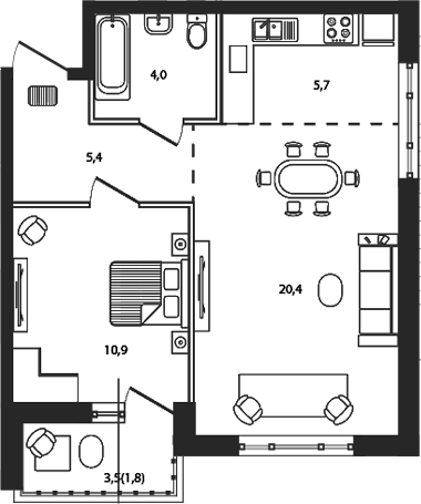 Планировка: 2-комн. квартира 48,2 м²