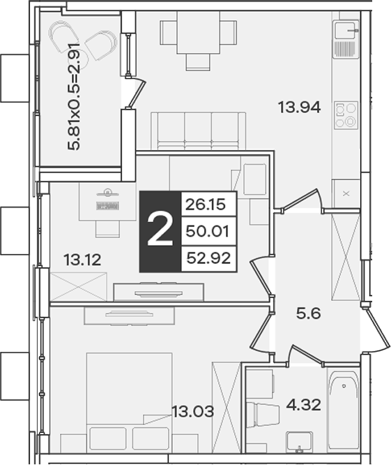 Планировка 2-комнатная 52,92 м²