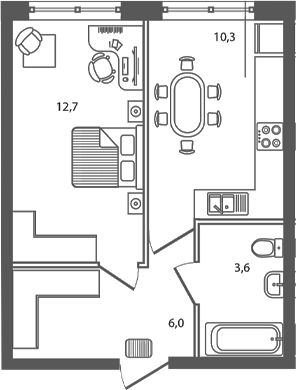 Планировка 1-комнатная 32,6 м²