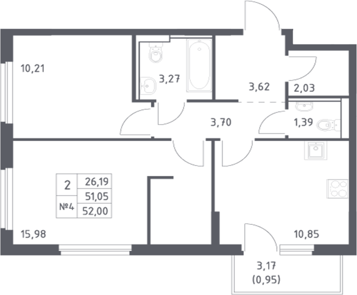 Планировка 2-комнатная 52 м²
