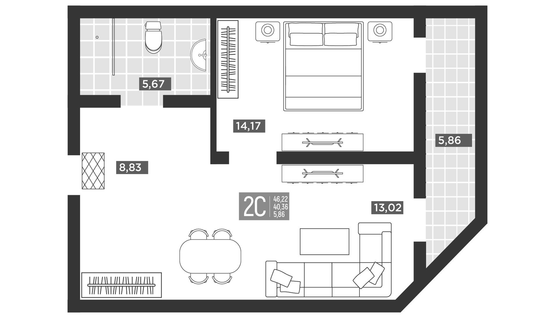 Планировка 2-комнатная 46,22 м²