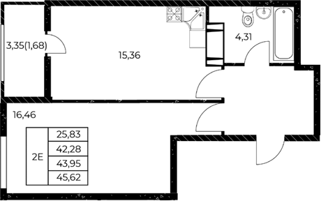 Планировка 1-комнатная 45,62 м²
