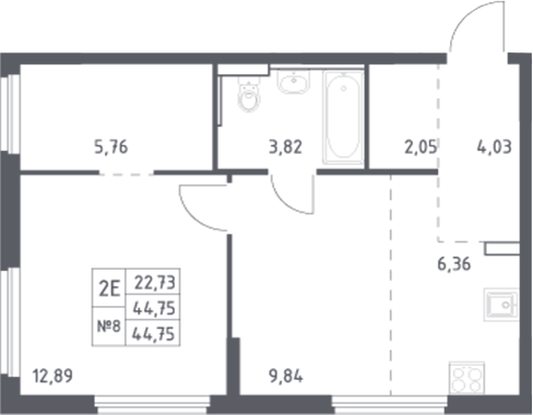 Планировка 2-комнатная 44,75 м²