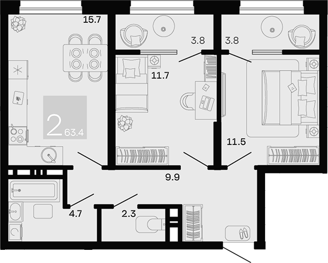 Планировка 2-комнатная 63,4 м²