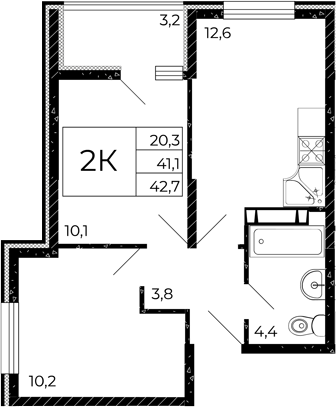 Планировка 2-комнатная 42,7 м²