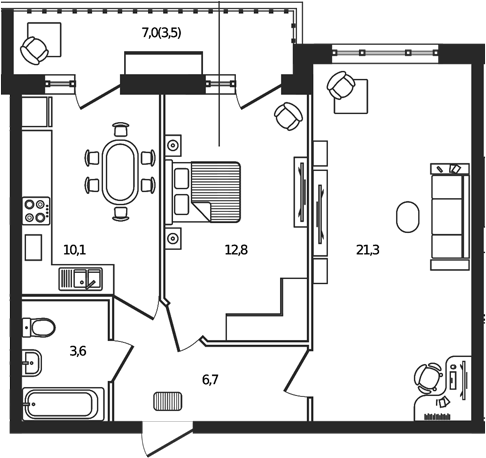 Планировка: 2-комн. квартира 58 м²