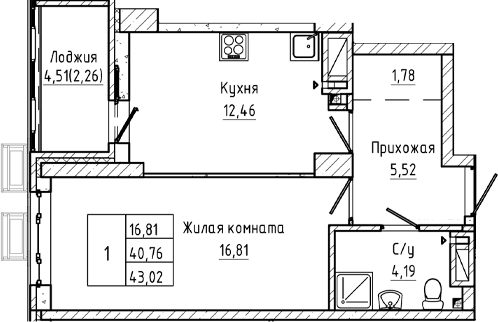 Планировка 1-комнатная 43,02 м²