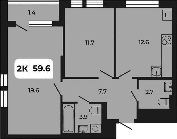 Планировка 2-комнатная 59,6 м²