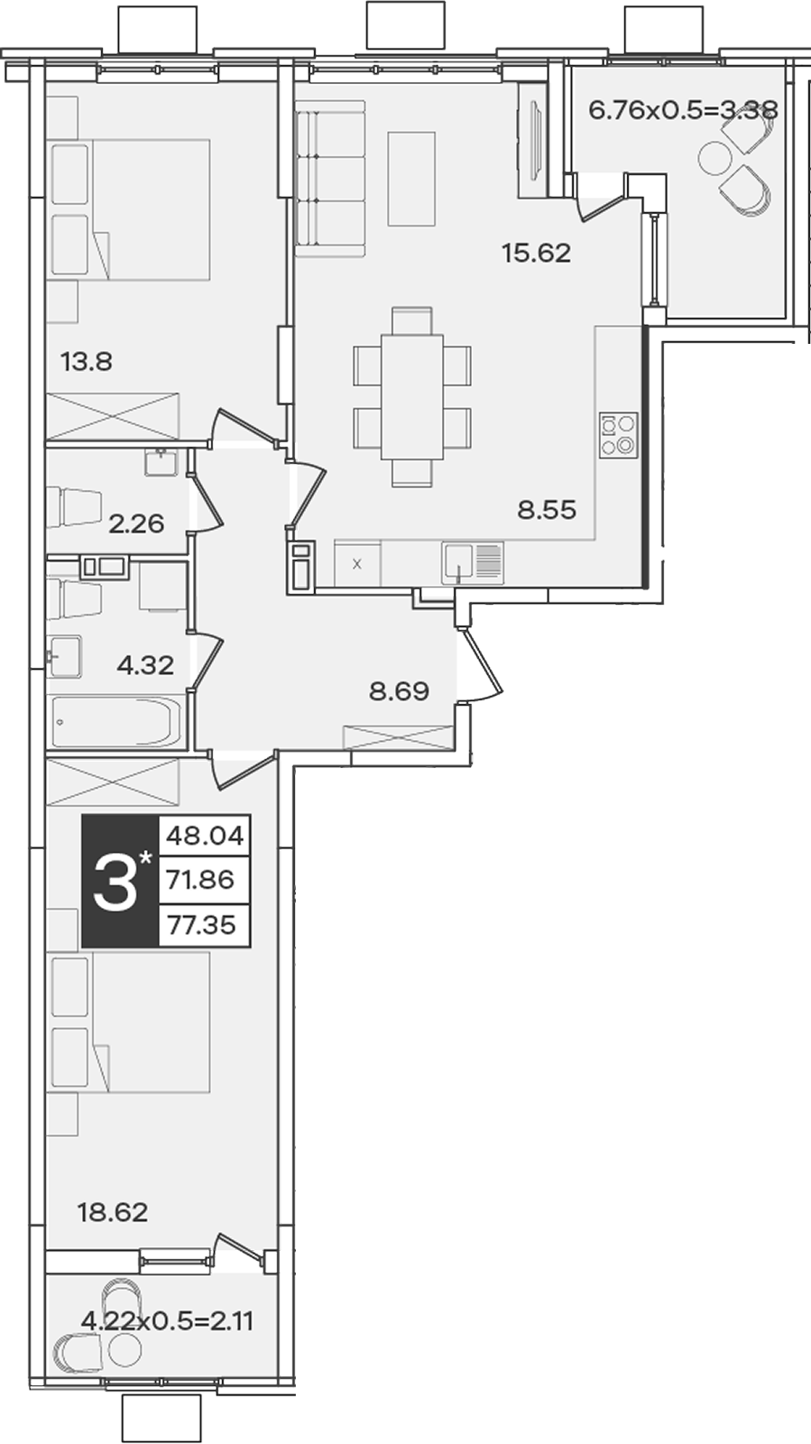 Планировка 3-комнатная 77,35 м²