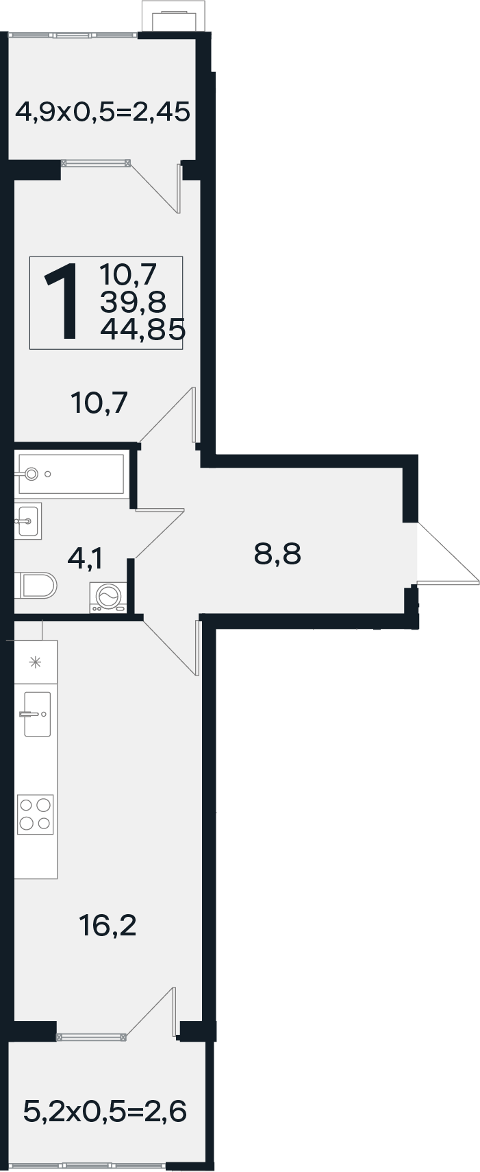 Планировка 1-комнатная 44,85 м²