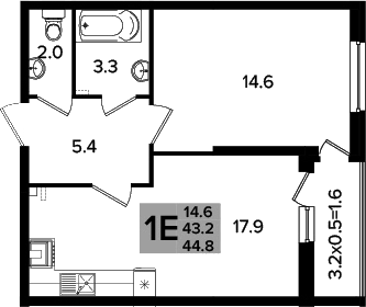 Планировка 2-комнатная 44,45 м²