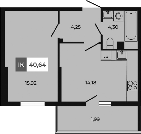 Планировка 1-комнатная 40,64 м²