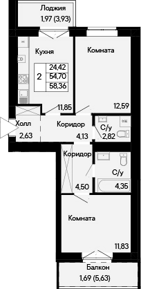 Планировка 2-комнатная 58,36 м²