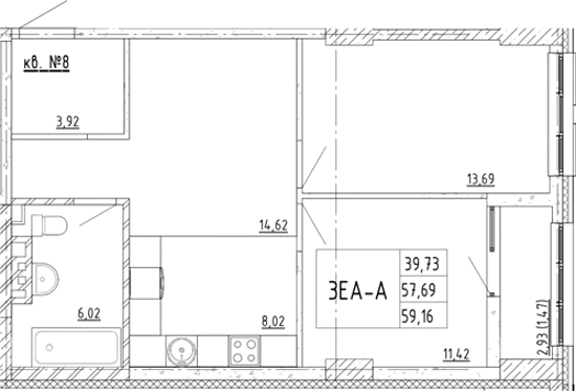 Планировка 3-комнатная 59,16 м²