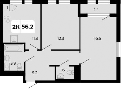 Планировка 2-комнатная 56,2 м²