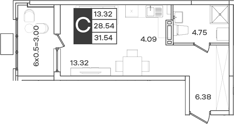 Планировка Студия 31,54 м²