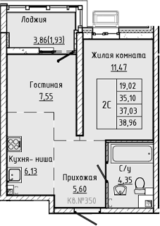 Планировка 2-комнатная 37,03 м²