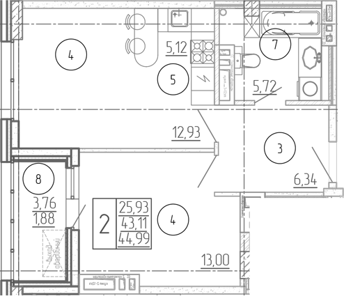 Планировка 2-комнатная 44,99 м²