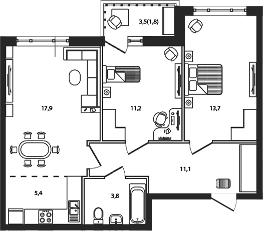 Планировка: 3-комн. квартира 64,9 м²