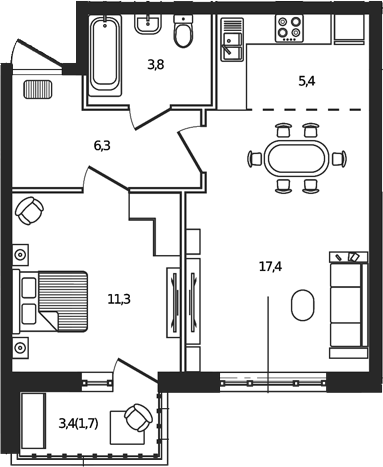 Планировка: 2-комн. квартира 45,9 м²