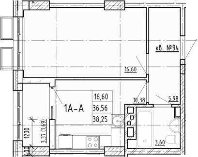 Планировка 1-комнатная 38,2 м²