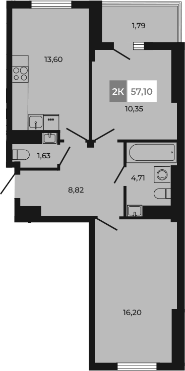 Планировка 2-комнатная 57,1 м²