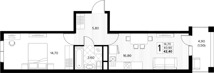 Планировка 2-комнатная 42,4 м²