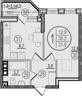 Планировка: 1-комн. квартира 31,8 м²