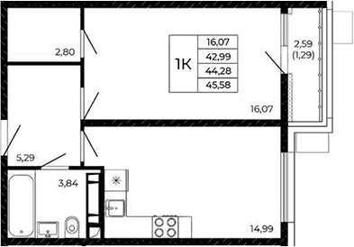 Планировка 1-комнатная 45,58 м²