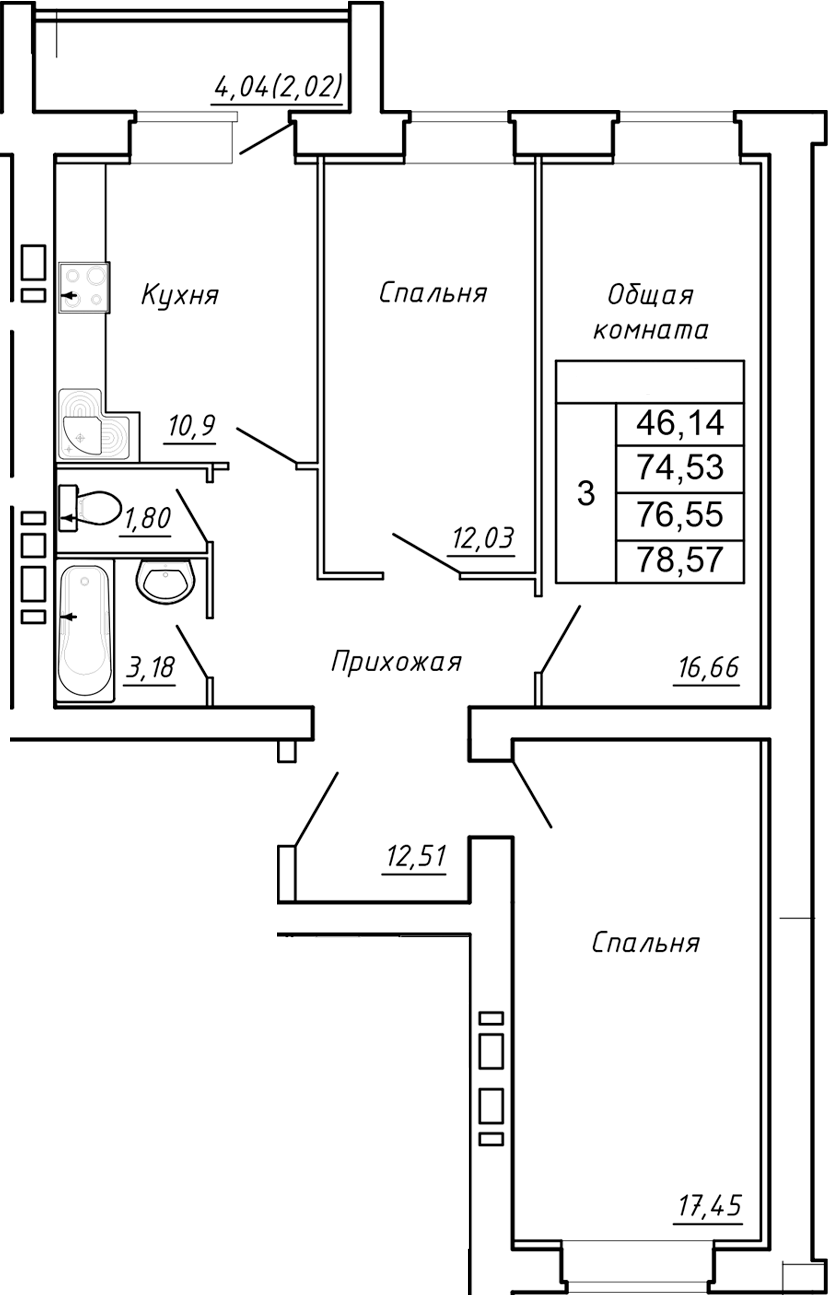 Планировка 3-комнатная 78,57 м²