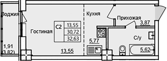 Планировка Студия 30,72 м²