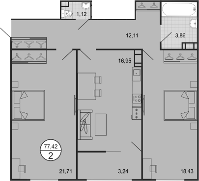 Планировка: 3-комн. квартира 77,4 м²