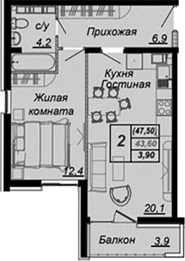 Планировка 1-комнатная 45,4 м²