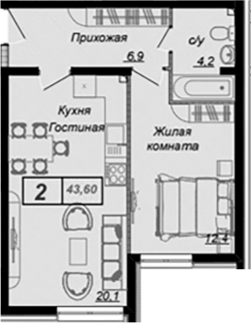Планировка 1-комнатная 43,6 м²