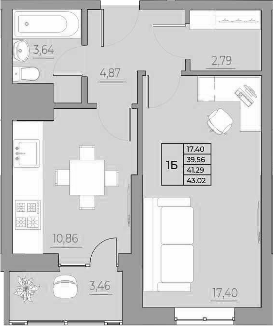Планировка 1-комнатная 43,02 м²