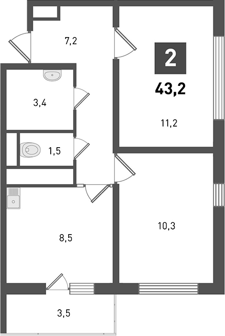 Планировка 2-комнатная 43,2 м²
