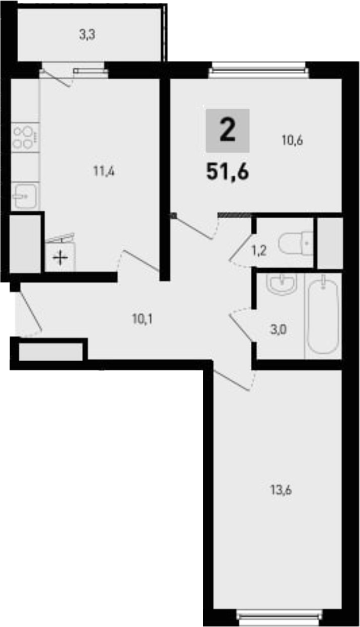 Планировка 2-комнатная 51,6 м²