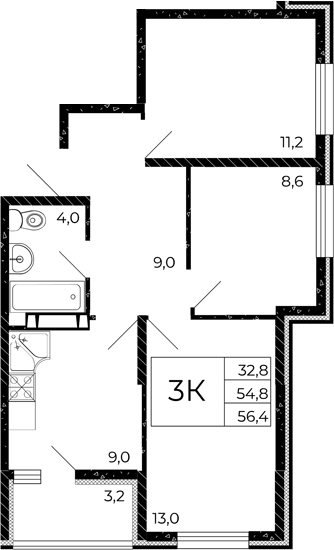 Планировка 3-комнатная 56,4 м²