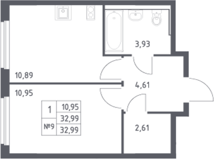 Планировка 1-комнатная 32,99 м²