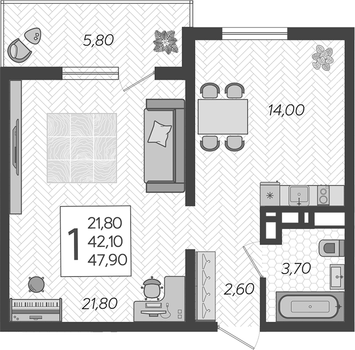 Планировка 1-комнатная 47,9 м²